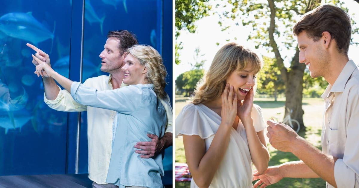(L) Couple at aquarium, (R) Man proposing to partner. (Representative Cover Image Source: Getty Images | (L) wavbreakmedia, (R) wavebreakmedia ltd)