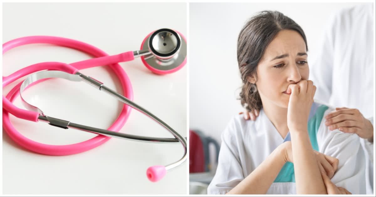 (L ) A pink stethoscope; (R) A female nurse looks emotional (Representative Cover Source: Getty Images | Photo by (L) Peter Dazeley ; (R) alvarez)