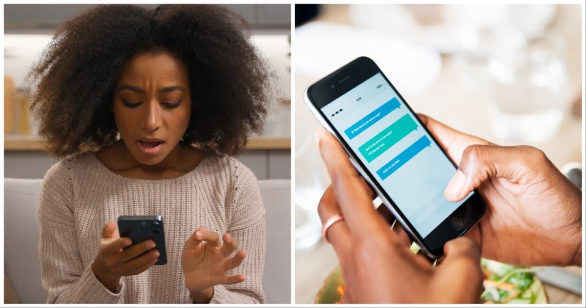 (L) A woman looks shocked reading texts (R) A person reading messages from a phone (Representative Cover Source: Getty Images | Photo by (L) Yuliia Kaveshnikova; (R) Tim Robberts)