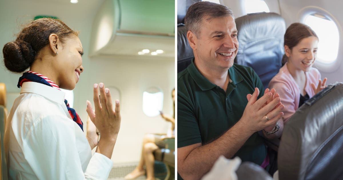 (L) A flight attendant making an announcement; (R) Passenger clapping (Representative Image Source: Getty | Photo by (L) golfcphoto; (R) Dobrila Vignjevic)