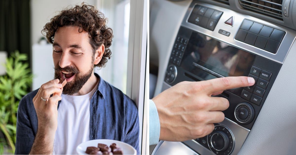 (L) Man eats chocolate. (R) Person listening to radio in car. (Representative Cover Image Source: Getty Images | (L) Nastasic, (R) Eric Audras)