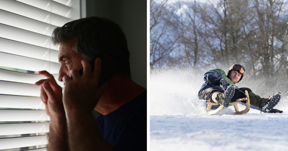 (L) A man calling cops on neighbor; (R) A man sledding (Representative cover image source Getty  Photo by (L) Rafael Ben-Ari; (R) Robert Niedring)
