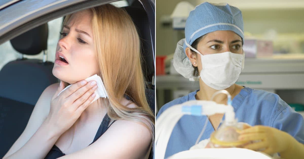 (L) A woman chokes while driving; (R) Doctor with oxygen mask (Representative cover image source Getty Photo by (L)AdamGregor; (R) PNC)