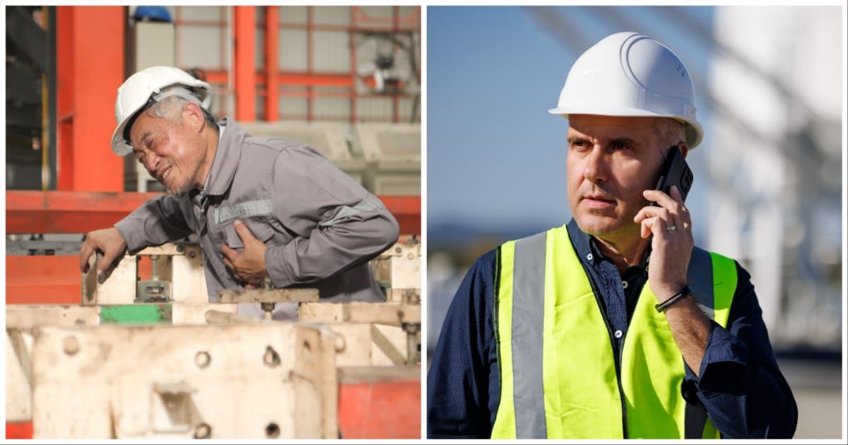 (L ) A construction worker experiencing pain ; (R) A construction boss making a call to someone (Representative Cover Source: Getty Images | Photo by (L) Sunan Wongsa-nga ; (R) damircudic)