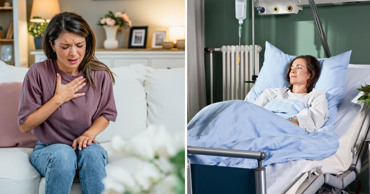 (L) A woman having chest pain. (R) A woman in hospital. (Representative Cover Image Source: Getty Images | (L) LordHenriVoton, (R) Halfdark)