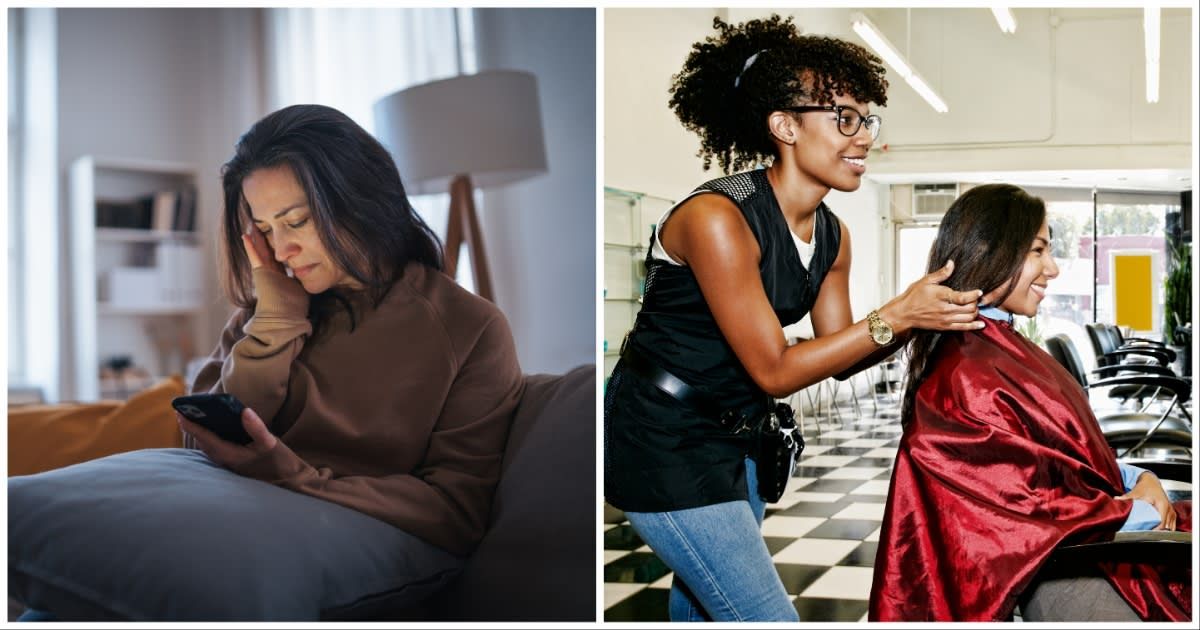 (L ) A depressed-looking woman texting someone ; (R) A black hairdresser working on a client (Representative Cover Source: Getty Images | Photo by (L) Halfpoint Images ; (R) Peathegee Inc)
