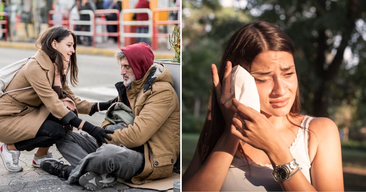(L) Woman and homeless man. (R) Sad woman. (Representative Cover Image Source: Getty Images | (L) halfpoint, (R) EllenaZ)