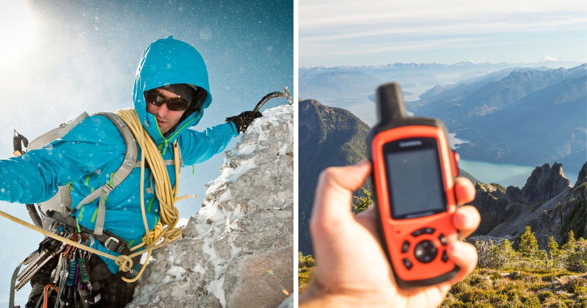 (L) Hiker attempting to climb a mountain peak; (R) Sending SOS message (Representative cover image source Getty  Photo by (L) Lumi ImagesHans Herbig; (R) Cavan Images)