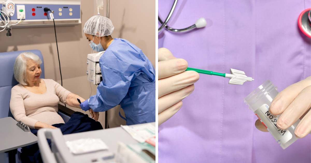 (L) An elderly woman going for chemotherapy; (R) A smear test (Representative cover image source: Getty | Photo by (L) 	andresr; (R) Peter Dazeley)