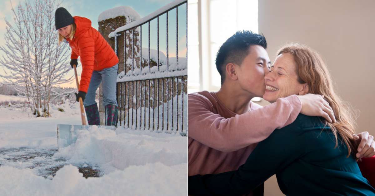 (L) Woman clearing snow. (Representative Cover Image Source: Getty | Peter Burnett), (R) Mother and son embracing. (Representative Cover Image Source: Getty | Lucy Lambriex)