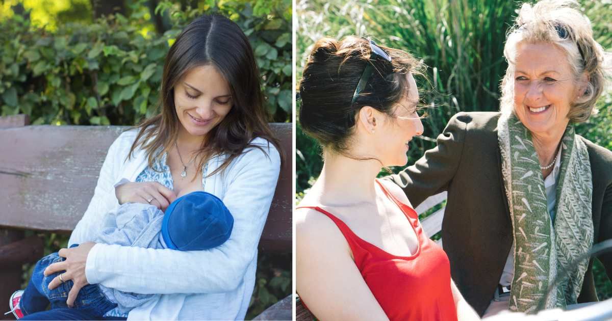 (L) Young mom breastfeeding in public. (R) Young woman talking to older woman. (Representative Cover Image Source: Getty Images | (L) Tatayana Tomsickova photography, (R) Rossella De Berti)