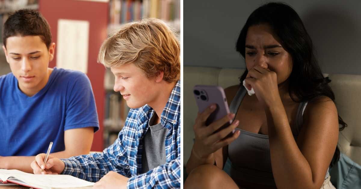 (L) Two boys studying. (R) A woman crying looking at phone. (Representative Cover Image Source: Getty Images | (L) monkeybusinessimages, (R) Antonio_diaz)