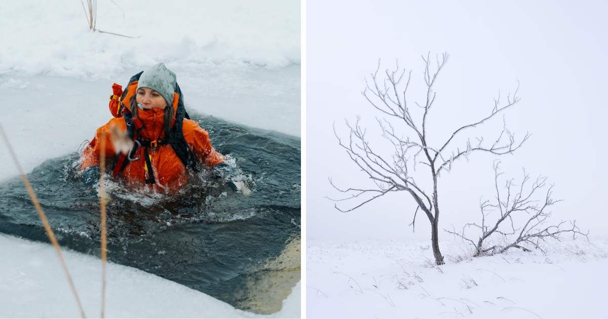 (L) A woman fell into frozen lake. (R) A branch in snow. (Representative Cover Image Source: Getty Images | (L) Johner images, (R) KD Kirchmeier)