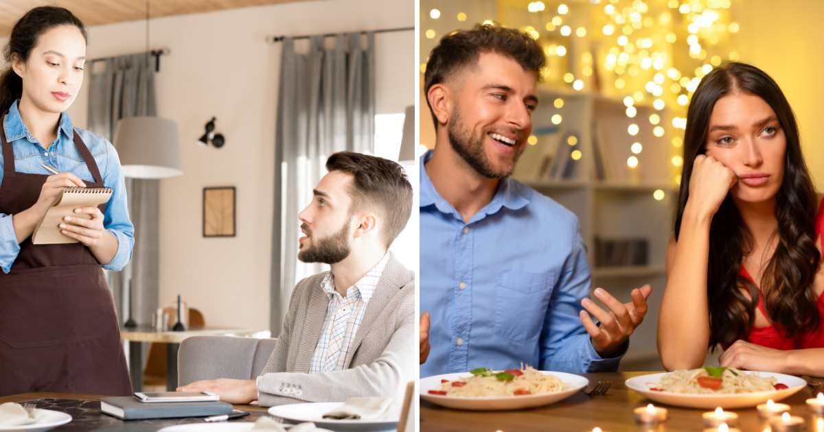 (L) Man talking to waitress, (R) Woman bored on date. (Representative Cover Image Source: Getty Images | (L) SeventyFour, (R) Prostock studio)