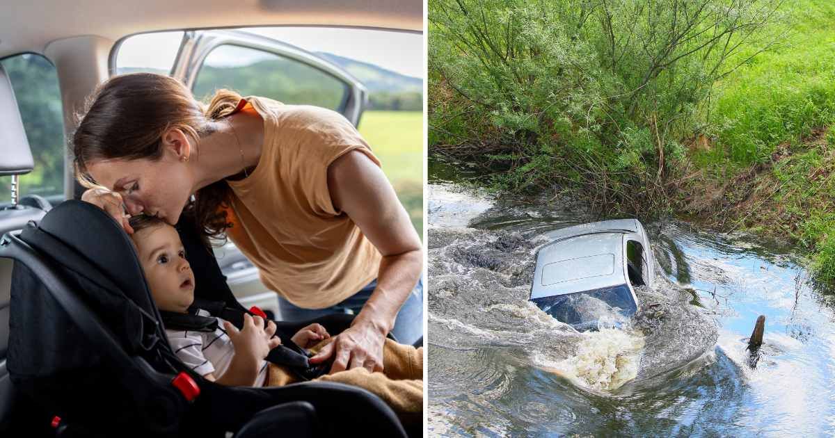 (L) Mom and son in car. (R) Sinking car. (Representative Cover Image Source: Getty Images | (L) andresr, (R) fotoandrius)