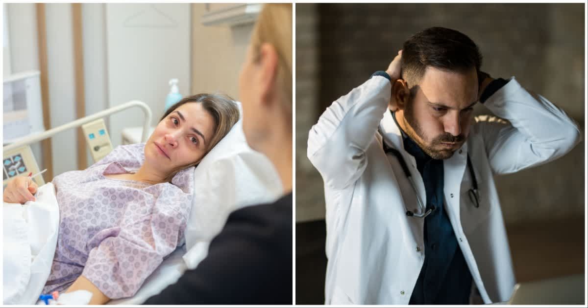 (L) A woman crying in a hospital bed ; (R) A doctor looks surprised (Representative Cover Source: Getty Images | Photo by (L) aquaArts studio ; (R) DjelicS)