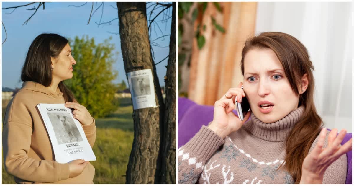 (L ) A sad-looking woman holding a missing dog poster ; (R) A woman looks surprised during a phone call (Representative Cover Source: Getty Images | Photo by (L) LENblR ; (R) Alexander_Safonov)