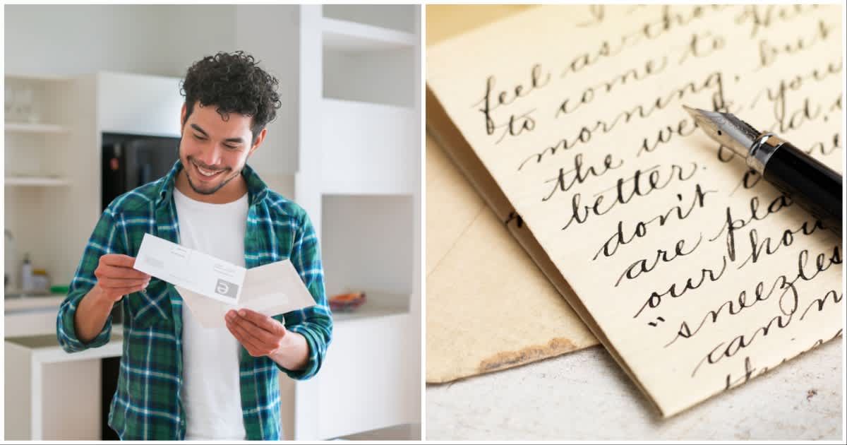 (L ) A man smiling reading a letter ; (R) A letter written by someone (Representative Cover Source: Getty Images | Photo by (L) Hispanolistic ; (R) pederk)