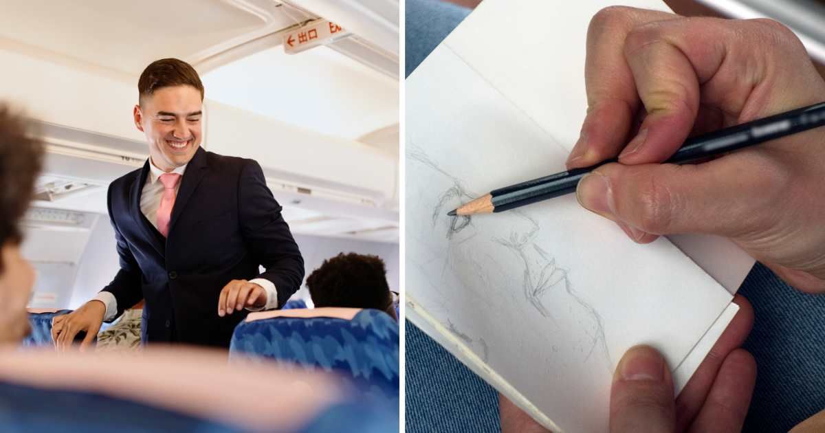(L) Male flight attendant talking to passengers. (R) Man sketching face. (Representative Cover Image Source: Getty Images | (L) Anchiy, (R) Kypros)