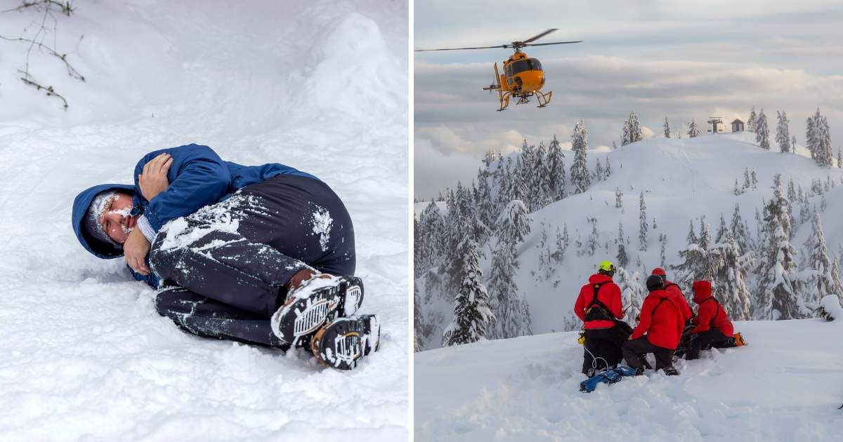 (L) Man during a snow storm. (R) Rescue team with helicopter on mountain. (Representative Cover Image Source: Getty Images | (L) Jelena Stanojkovic, (R) edb3_16)