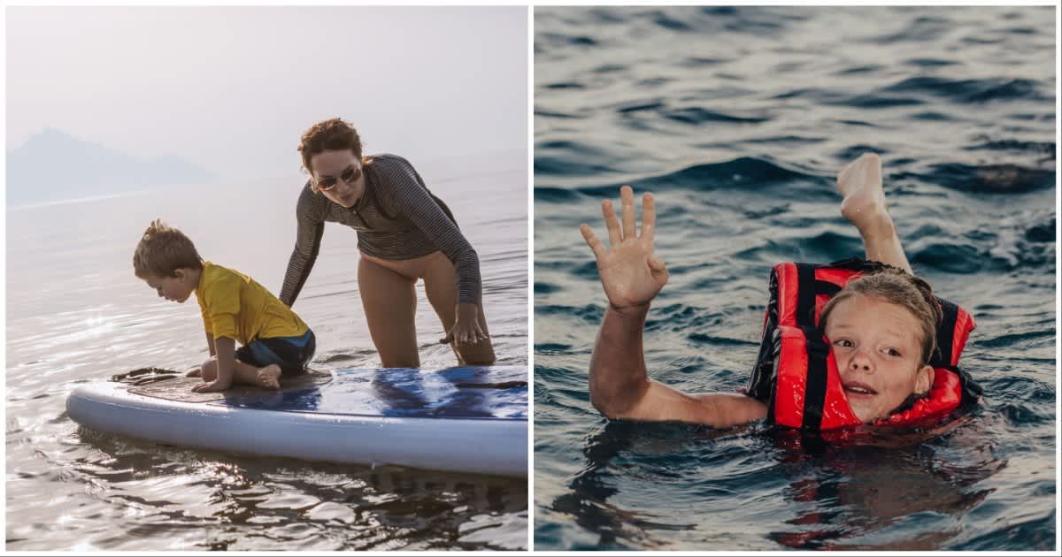 (L) A family clung to a paddleboard ; (R) A young teen swimming with a life jacket (Representative Cover Source: Getty Images | Photo by (L) MilosStankovic ; (R) rbkomar)