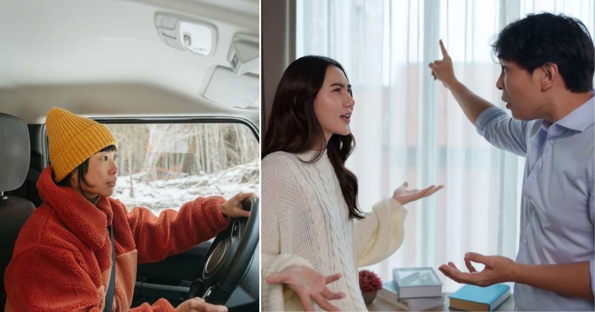(L) A woman driving in a snowstorm; (R) A couple arguing (Representative cover image source: Getty | Photo by (L) 	AleksandarNakic; (R) CHARTCHAI KANTHATHAN)