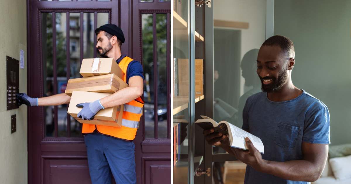 (L) Delivery man with parcels. (R) Man looking at a book and smiling. (Representative Cover Image Source: Getty Images | (L) Luis Alvarez, (R) Milko)