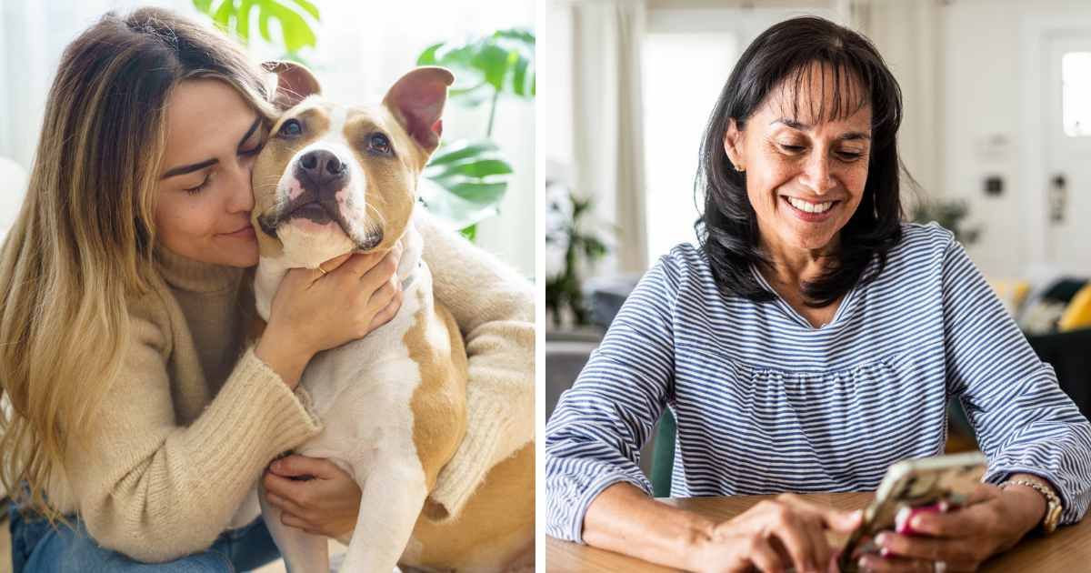 (L) A woman with a family dog; (R) A mother sending a photo on family group. (Representative cover image source: Getty | Photo by (L) Vera Vita; (R) MoMo Productions)