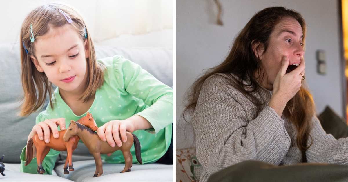 (L) Toddler playing with horse toys. (R) Woman shocked. (Representative Cover Image Source: Getty Images | (L) Westend61, (R) Corinna Kern)
