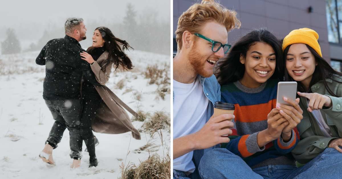 (L) Couple dancing in snow. (R) People looking at something on phone. (Representative Cover Image Source: Getty Images | (L) Sara Monika, (R) Mirel Kipioro)