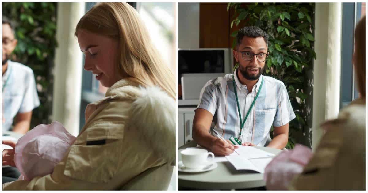 (L ) A new mother soothing her child during an official interview ; (R) A manager talking to a candidate (Representative Cover Source: Getty Images | Photo by sturti)