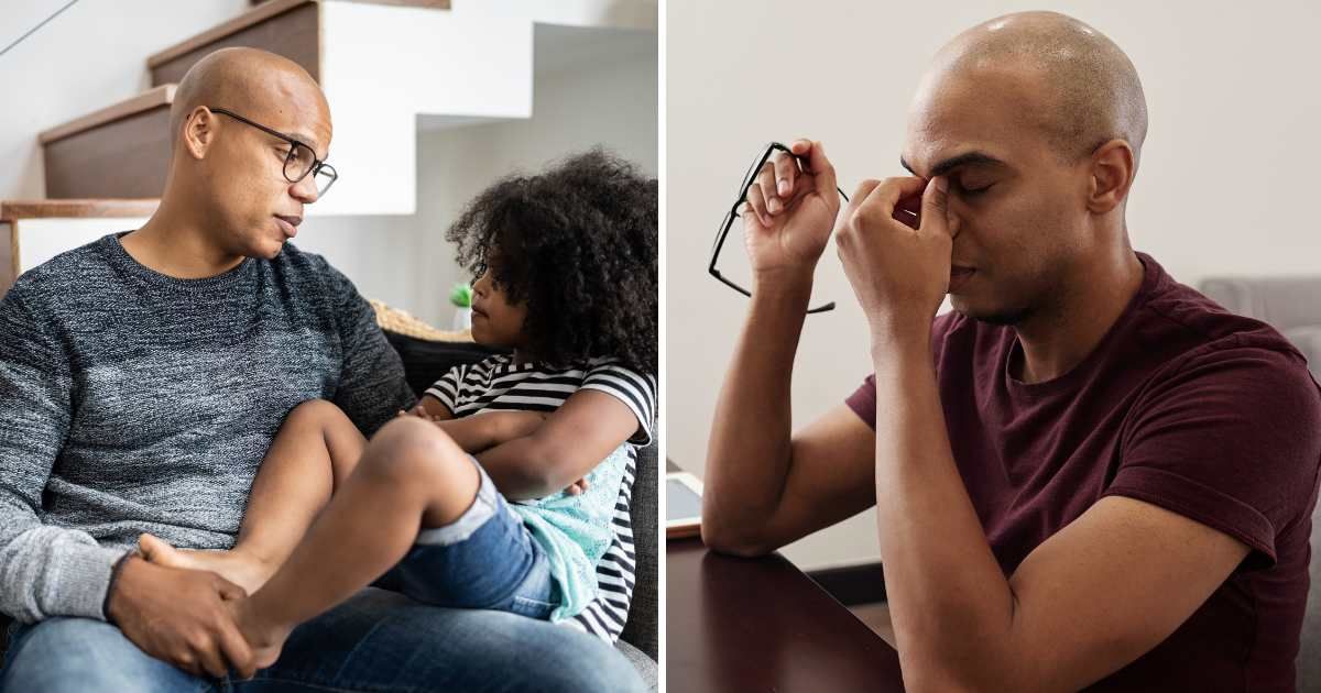 (L) Father talking with daughter. (R) Man stressed sitting at desk. (Representative Cover Image Source: Getty Images | (L) FG trade, (R) Dragon images)
