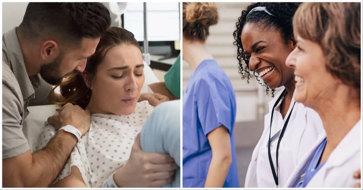 (L ) A husband comforting his wife during childbirth; (R) Doctors laughing (Representative Cover Image Source: Getty Images | Photo by (L) KidStock ; (R) Maskot)
