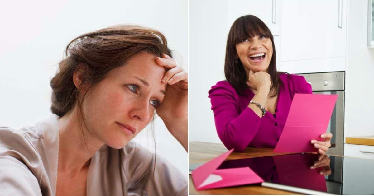 (L ) A woman grieving the loss of a loved one ; (R) A woman reading a funny note and laughing (Representative Cover Image Source: (L) Getty |  Tom Merton; (R) Getty | Thomas_EyeDesign)
