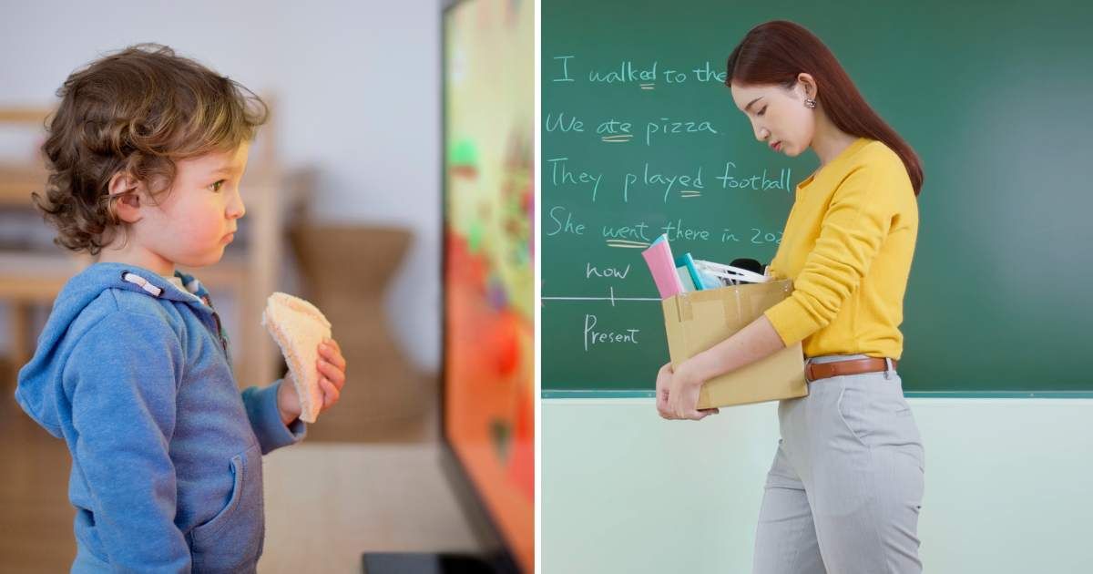 (L) Young boy watching TV. (R) Teacher fired leaving classroom. (Representative Cover Image Source: Getty Images | (L) Mayte Torris, (R) Pony Wang)