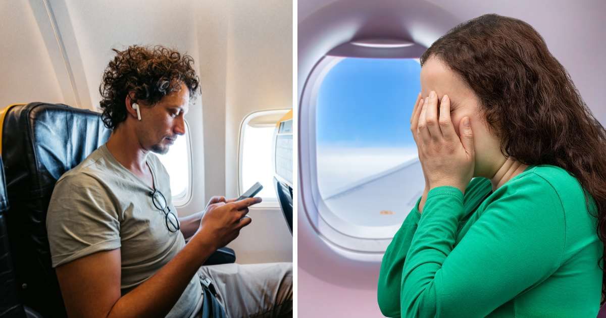(L) Man texting on phone during flight. (R) A woman crying on flight. (Representative Cover Image Source: Getty Images | (L) urbazon, (R) Cunaplus_M Faba)