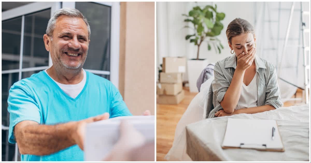 (L ) An old man handing over a parcel ; (R) A woman crying over something (Representative Cover Image Source: Getty Images | Photo by (L) South_agency ; (R) Hirurg)