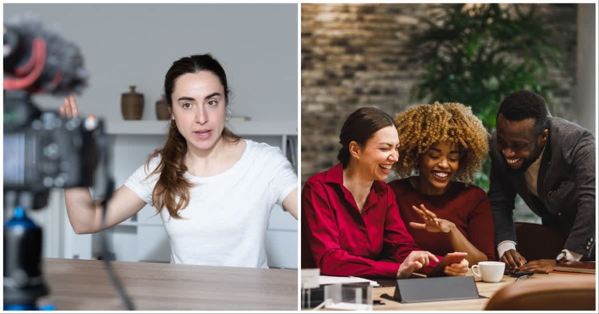 (L ) Woman filming herself inside her house ; (R) Co-workers looking at something on phone and laughing together (Representative Cover Image Source: Getty Images | Photo by (L) Egoitz Bengoetxea Iguaran ; (R) fotostorm)