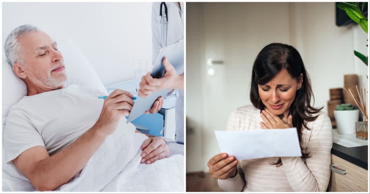 (L ) A man writing a note, lying on a hospital bed ; (R) A woman sheds tears reading a note (Representative Cover Image Source: Getty Images | Photo by (L) Inside Creative House ; (R) nortonrsx)