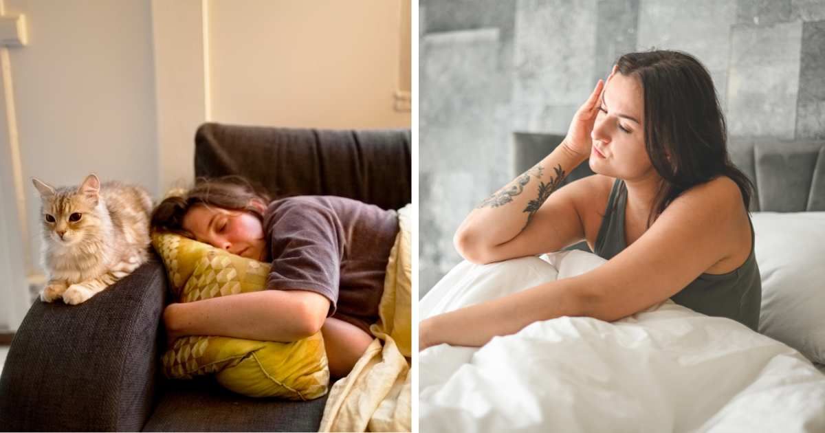 (L) Cat sleeping next to woman. (R) Tensed woman sitting in bed. (Representative Cover Image Source: Getty Images | (L) Johner images, (R) elenaleonova)