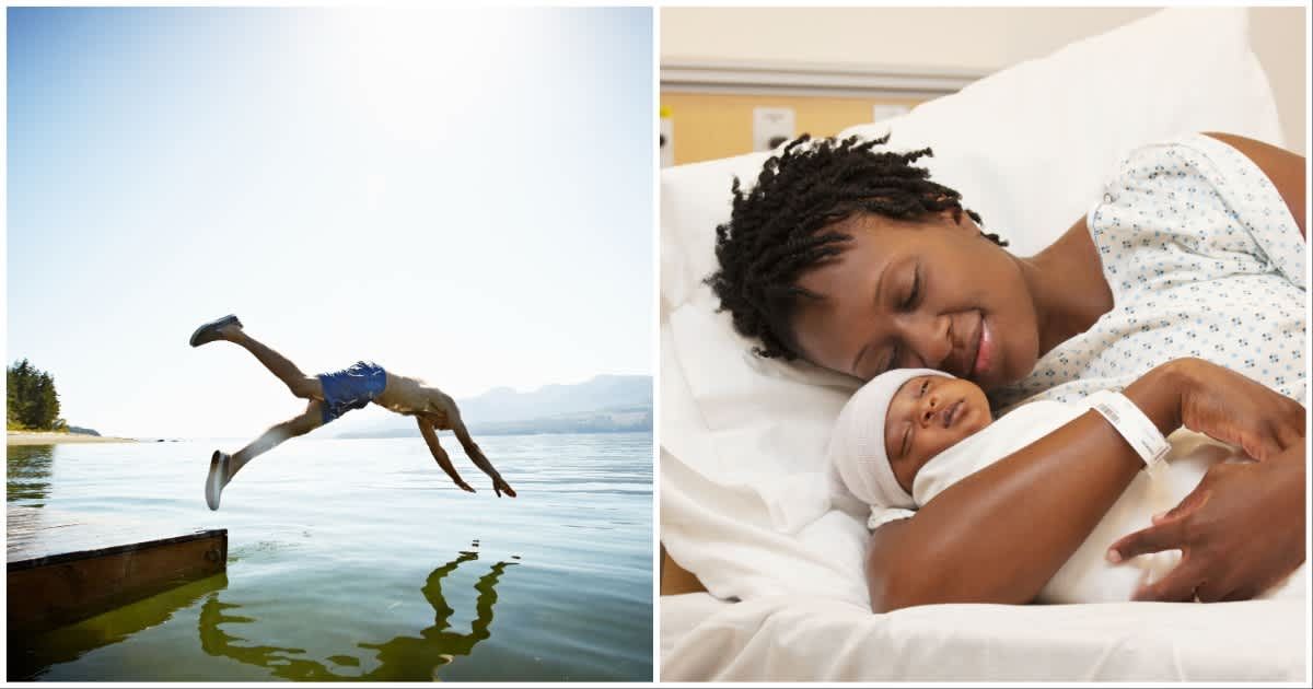 (L ) A man plunging into the water ; (R) A mother with her newborn baby (Representative Cover Image Source: Getty Images | Photo by (L) Thomas Barwick ; (R) Ariel Skelley)