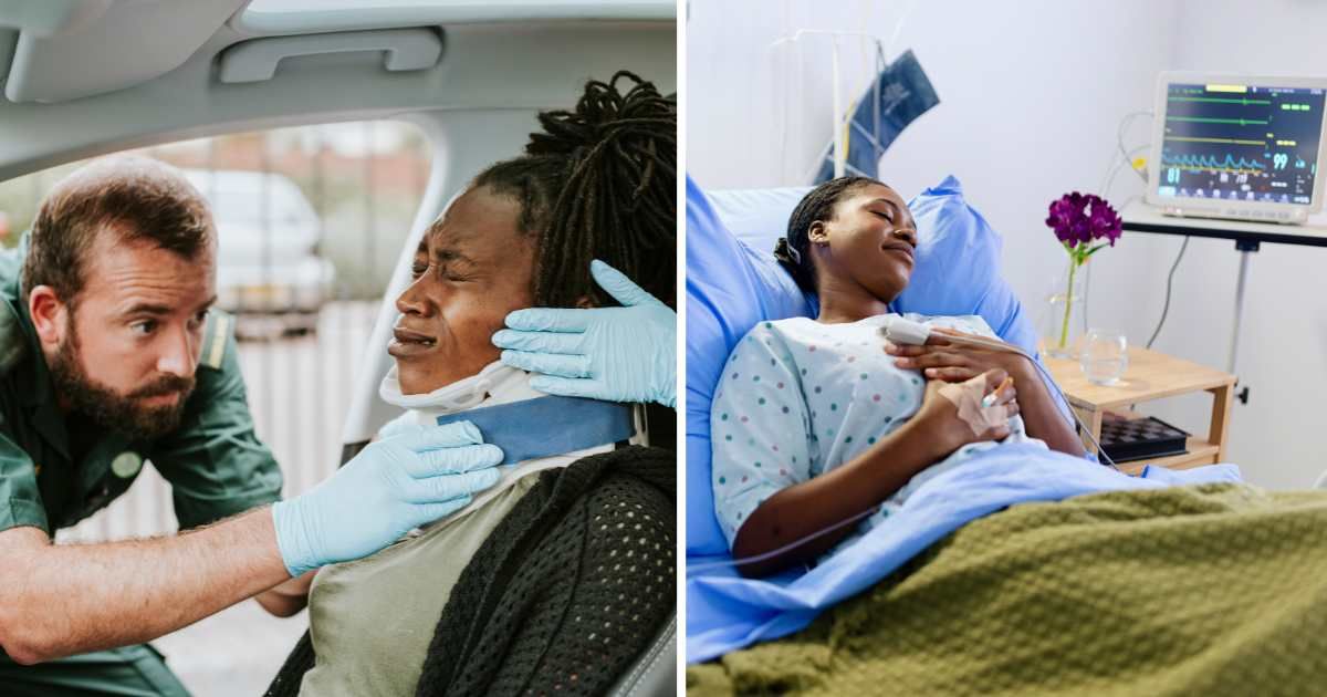 (L) Paramedics helping woman after car crash. (R) Young woman in hospital. (Representative Cover Image Source: Getty Images | (L) Rawpixel, (R) Anchiy)