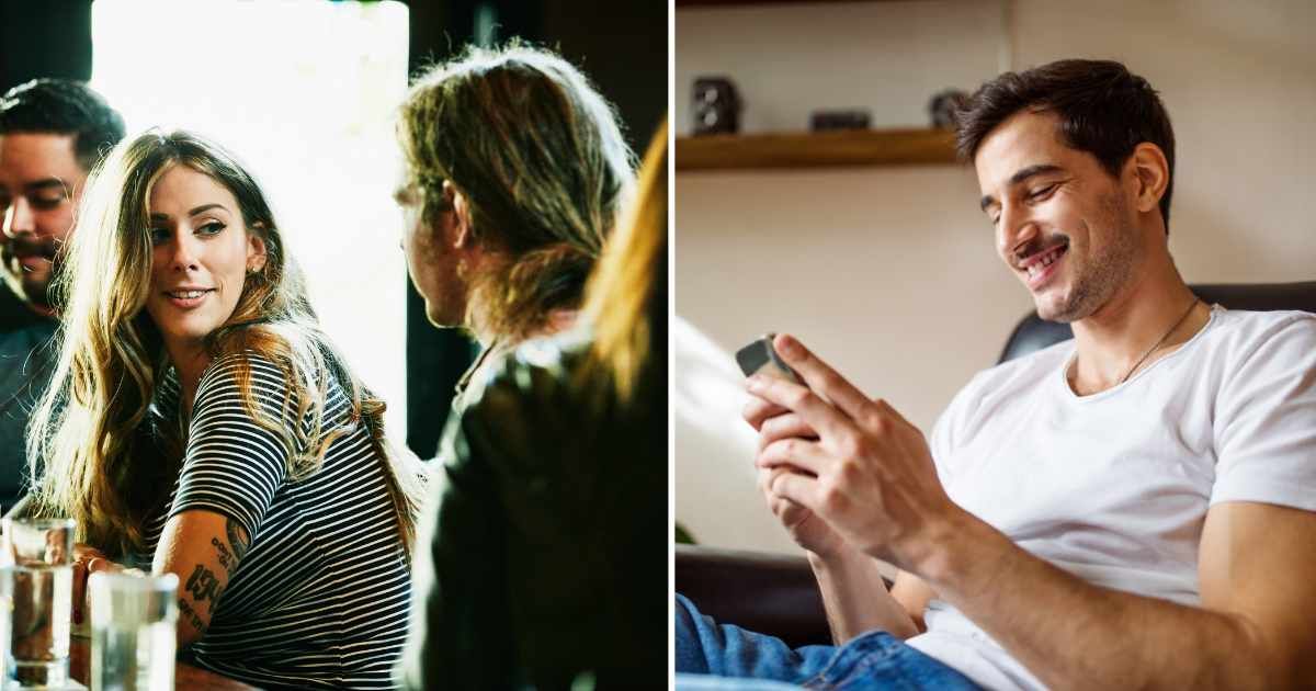 (L) Woman talking to man at bar. (R) Man texting on phone and smiling. (Representative Cover Image Source: Getty Images | (L) Thomas Barwick, (R) Luis Alvarez)