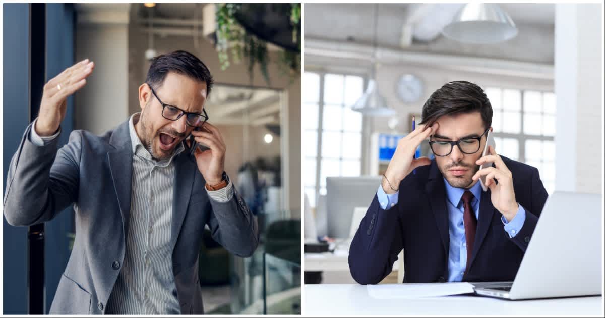 (L ) A man yelling at someone on a call ; (R) A salesman on a tensed phone call (Representative Cover Image Source: Getty Images | Photo by (L) Organic Media ; (R) valentinrussanov)