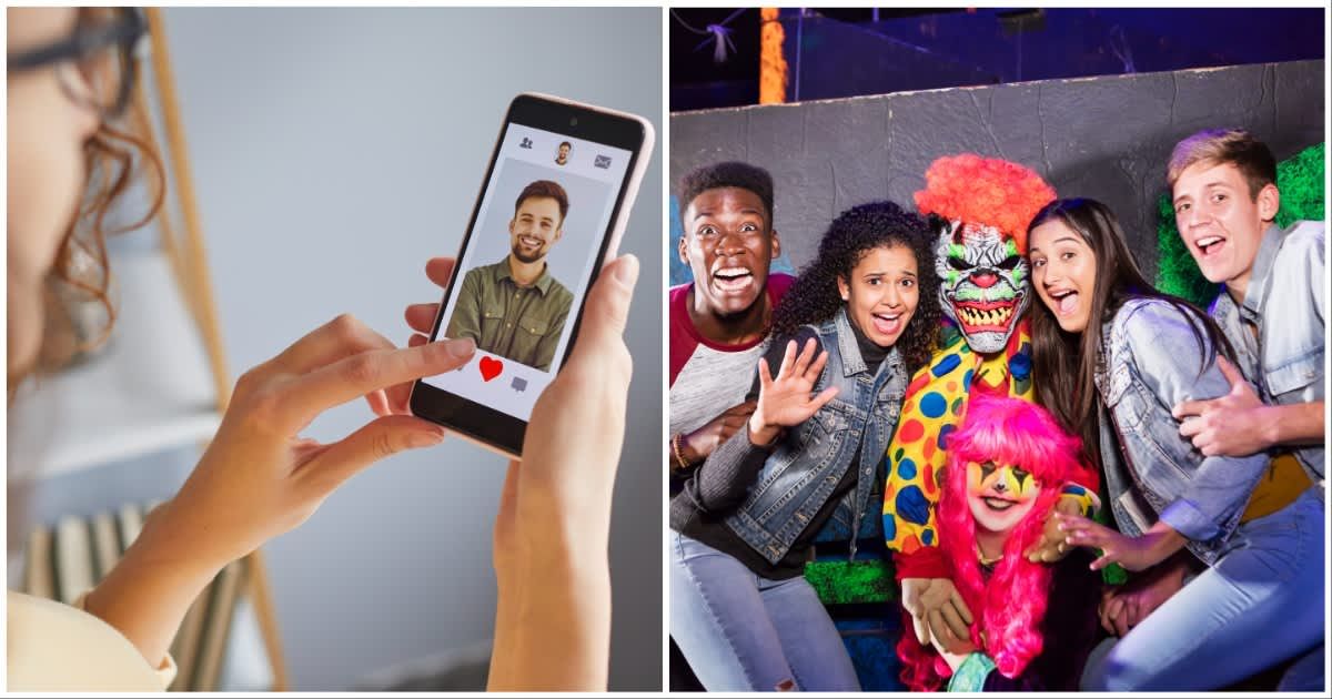 (L ) A woman scrolling on a dating site; (R)Two teenage couples hanging out at a haunted house (Representative Cover Image Source: Getty Images | Photo by (L) Lacheev  ; (R) kali9)