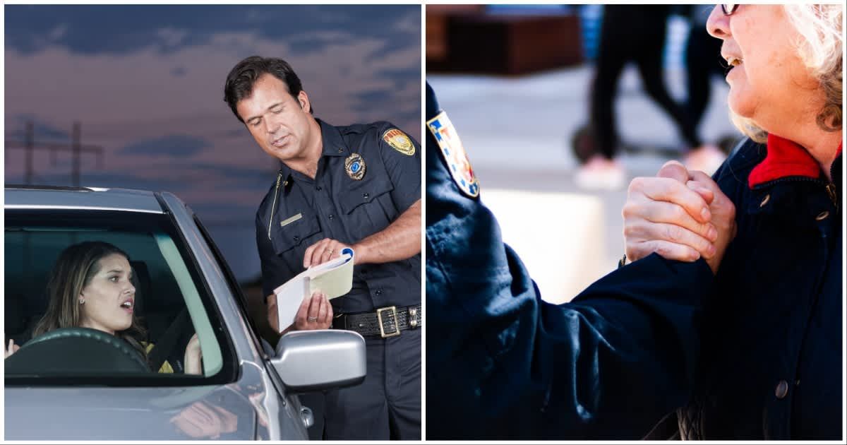 (L ) A woman being pulled over by a cop; (R)  A woman hugging a cop's hand (Representative Cover Image Source: Getty Images | Photo by (L) avid_creative; (R) guss95)