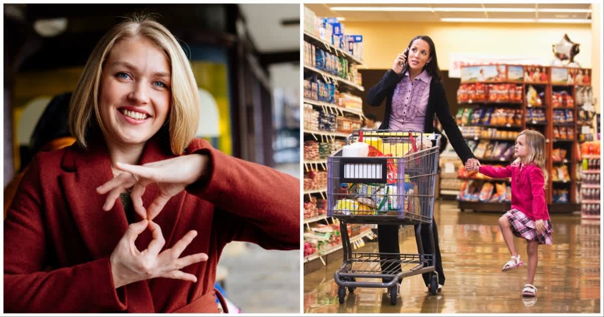(L ) A woman signing at someone ; (R) A little girl trying to grab her mother's attention at a grocery store (Representative Cover Image Source: Getty Images | Photo by (L) agrobacter ; (R) Erik Isakson)
