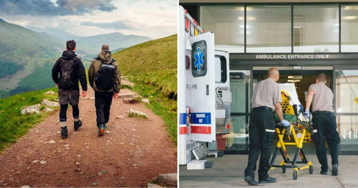 (L) Two hikers together on a trail. (R) Paramedics rushing a victim to the hospital. (Representative Cover Image Source: Getty Images | (L) Peter Lourenco, (R) Paul Burns)