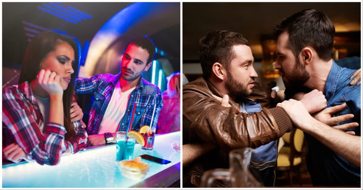 (L ) A man harassing a woman at a bar ; (R) A man fighting with another man at a bar (Representative Cover Image Source: Getty Images | Photo by (L) Emir Memedovski ; (R) mediaphotos)
