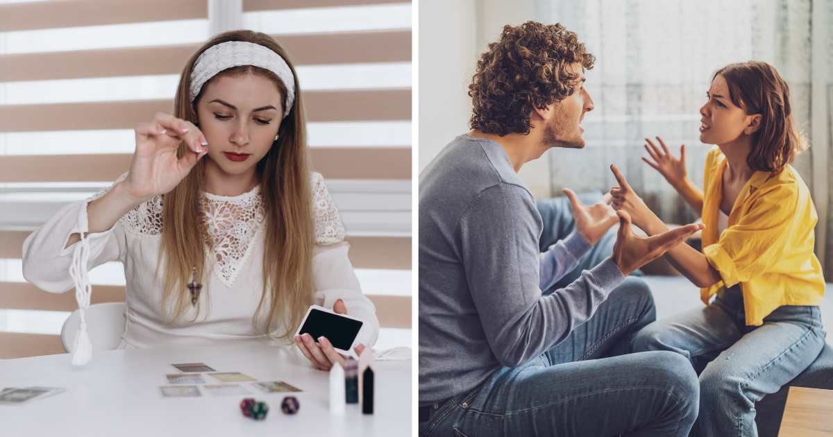 (L) Woman doing tarot with cards. (R) Couple fighting. (Representative Cover Image Source: Getty Images | (L) Olena Ruban, (R) Photodjo)